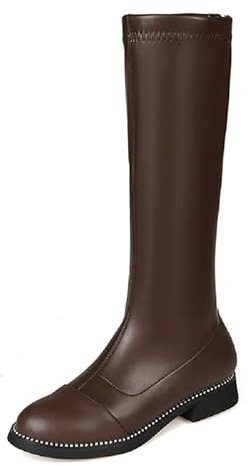 JIEEME Stivali da donna alti al ginocchio in vera pelle punta rotonda con cerniera tacco basso stivali lunghi fatti a mano da donna z711-4s, marrone, 36 EU