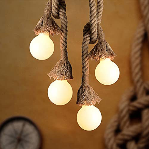 Suspension vintage en corde de chanvre de - 50 cm, plafonnier de style campagnard rétro industriel E27, parfait pour la salle à manger, le restaurant, le bar, le café (pas d'ampoules) (Ampoule double)