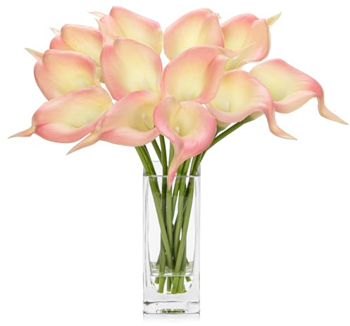 Hollyone 12 pcs Artificial Calla Lilies with Glass Vase Realistic Fake Flowers, Real Touch Pink Faux Flowers in Vase for Home, Living Room, Wedding, Centerpiece, Office, Party Decorations