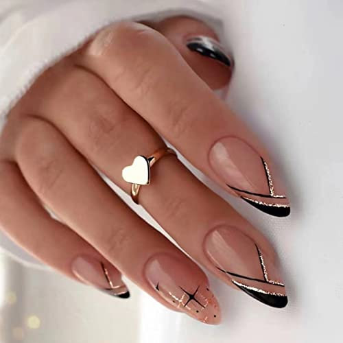 JUSTOTRY 24 Pcs Glitter Stiletto False Nails Short with Star,Black French Press on Nails,Geometric Fake Nails Short,Almond Stick on Nail for Women Nails Art