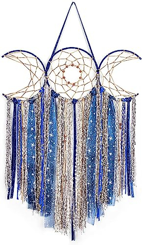 Blau Dreifach-Mond Makramee Wandbehang, Boho Art Große Wicca Mondsichel Traumfänger, Handgemachte böhmische Hippie gewebt Wandteppich Dekor für Schlafzimmer Kinderzimmer Dekoration Geschenk