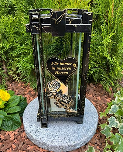 Grablampe Grablicht Gold Marmor NEU Laterne mit Spruch - Für Immer in unseren Herzen - 33 cm H. - Grablampe Kerze Grabkerze Grabdekoration inkl. Kerze