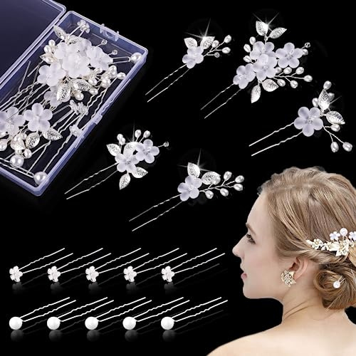 Juego de 15 horquillas para el pelo con perlas y flores | Horquillas para el pelo en forma de U con diamantes de imitación, para novia y dama de honor (plata, 3 estilos)