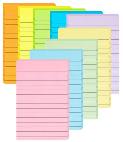 9 Pack Lined Sticky Notes 100mm x 150mm, 9 Pastel Colors