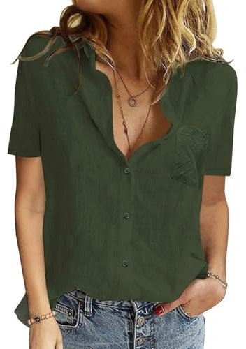 PASUDA Blusas de Mujer Algodón Camiseta Manga Corta Elegante Verano Camisa con Botón Cuello en V Casual Blusa Shirts Tunic Tops (Verde, L)