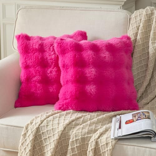 Yaertun Lot de 2 Couleur Rose 50 x 50 cm Housses de Coussin Décorative en Laine Douce épaisse Fausse Fourrure Peluche Taie d'oreiller Moelleux pour Canapé Chambre à Coucher
