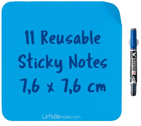 LETSGONOTES Mini Quadratische Blau, 11 Reusable Posit + Folienstift Abwischbar. Überall Anbringen und Abnehmen ohne Papier