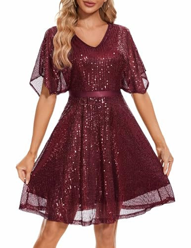 Wedtrend Pailletten Kleid Damen Cocktailkleid Damen Knielang Sexy Sommerkleid WTS6003 Burgundy M