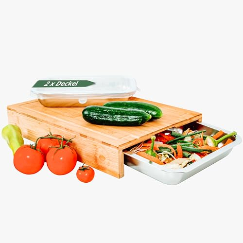Premium Schneidebrett Holz – Holz Schneidebrett mit Auffangschalen und Deckeln | praktisches Küchenzubehör & Must-Have Küchen Gadgets | Holzbrett Küche, Cutting Board, Holzschneidebrett
