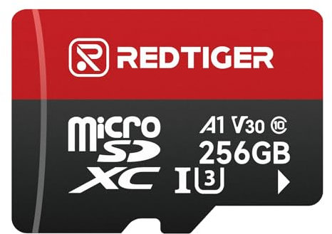 REDTIGER Carte Micro SD haute vitesse 256 Go avec adaptateur, microSDXC UHS-I classe 10, U3, V30 A1, support pour caméra embarquée et enregistrement vidéo 4K