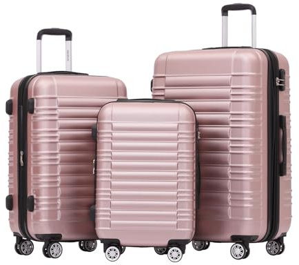 BEIBYE 2088 Zwillingsrollen Reisekoffer Koffer Trolleys Hartschale M-L-XL-Set in 15 Farben, Erweiterbar (Rosagold, Set)