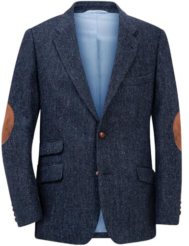 RAJEGAR Vestes de sport en tweed à chevrons pour homme - Style vintage - Style britannique - Revers cranté - Mélange de laine, bleu marine, M