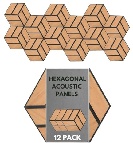 Hexagonal Acoustic Wood Panels – Set of 12 Wall Panels for Soundproofing & Stylish Décor | Paneles de Madera Decorativos y Acústicos para Pared (Ivory Oak)