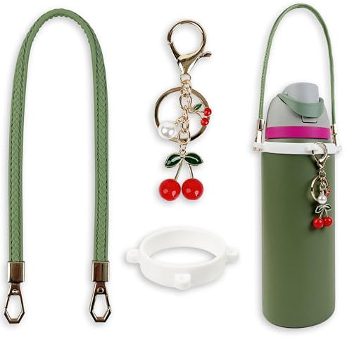 Handle Tape and Cherry Pendant Set for Owala Water Bottle, 24oz, 32oz, 40oz, Owala Kids, Owala Coffee Mug, Owala FreeSip, for Owala Accessories and Stanley Cup Accessories (Leather Green)