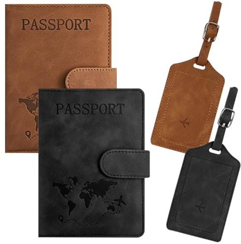 TYXHXTF 2 Pezzi Custodia Passaporto + Etichetta per Bagagli in pelle PU, Porta Passaporto, Adatto per Carte D'Identità, Carte di Credito e Documenti di Viaggio (Nero+Marrone)