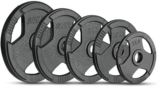 FK Sports Cast Iron Olympic Weight Plates - Cast Iron Weight Plates 2” opening, 5kg, 10kg, 15kg, 20kg, 25kg Tri Grip Barbell Weights, Gym Equipment for Home, Sold in Pair (15 Kilograms)