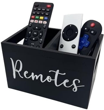 WuJiLiving Wooden Remote Control Holder with 2 Compartment, Wood Desk Organiser Storage Box, Remote Control Caddy (Black)