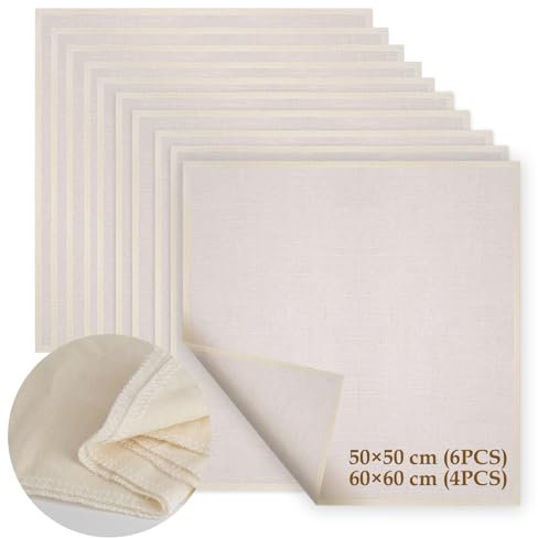 10 Stück Passiertuch, Käsetuch, 6 Stück(50x50cm) + 4 Stück(60x60cm), Feingewebt Dichtegrad 100 Mulltuch Ungebleichte Reine Baumwolle Seihtuch, Waschbar und Wiederverwendbar