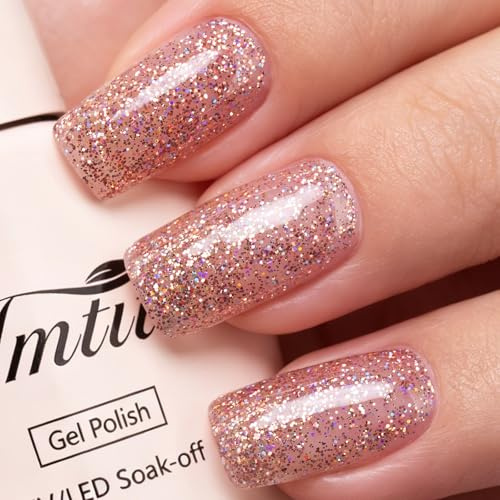 Imtiti Rose Gold Glitter Gel Nail Polish 10ML Soak Off UV LED Sparkly Pink Shimmer Holographic Long Lasting 28+ Days High Gloss Salon Quality Nail Polish for Women Girls Gift 0.34 fl oz
