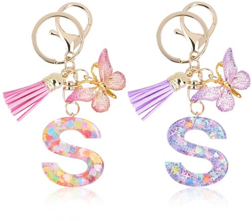 Mulaibdin 2 Pièces Porte Clef Personnalisable, Porte Clef Femme Original Chic, Porte Clef Lettre Simple, Idee Cadeau pour Femme Maman, Papillon Porte Clés Initial pour Voiture,Moto,Sac (S)