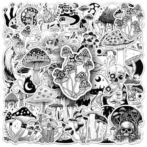 50 Stück Schwarz Weiße Goth Mushroom Aufkleber Vinyl Funny Niedlich Pflanzen Sticker für Skateboard Scrapbook Auto Gepäck Laptop Telefon Motorrad,Wasserfeste Pilz Sticker für Erwachsene Jugendliche