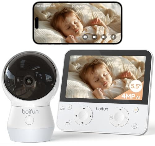 BOIFUN 4MP 5,5'' Pro Max Babyphone Caméra WiFi, Détection Sommeil sur Le Ventre et Couvre Le Visage, Veilleuse, Vision Nocturne, App et Écran Contrôle, 4000mAh, Rotation à 360°,Audio Bidirectionnel