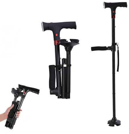 Gehstock mit LED-Licht, Gehstock Klappbar Damen &Herren, Höhenverstellbar, Doppelter Handgriff, Gehhilfe für Senioren, Eingebauter Alarm, Geschenke für Senioren & Erwachsene