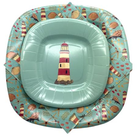 PartyBIO Set Faro 110 Pezzi Stoviglie Biodegradabili Monouso per Feste Faro – Piatti Carta, Bicchieri, Tovaglioli Compostabili per 20 Persone – Ecologiche, Usa e Getta, per Compleanni, Eventi, Picnic