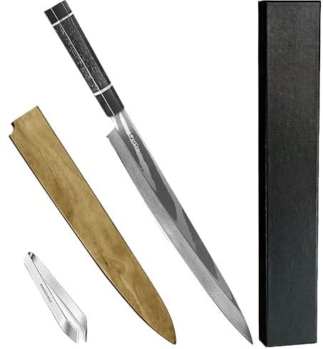 Qavi Yanagiba Chef Knife - Japanese Style Single Bevel Sashimi Knife, 34 Layers Damascus Steel Blade with VG10 Core and Ebony Wood Handle Kitchen Knife, 27cm Sharp Tool for Slicing & Filleting Fish