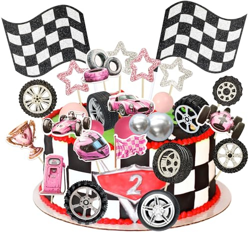 Gyufise 41Pcs Racing Wheel Cake Topper Star Foam Ball Flag Tyre Cake Decorations for Man Boy Kid Birthday Race Car Theme Party Favor Supplies Pink