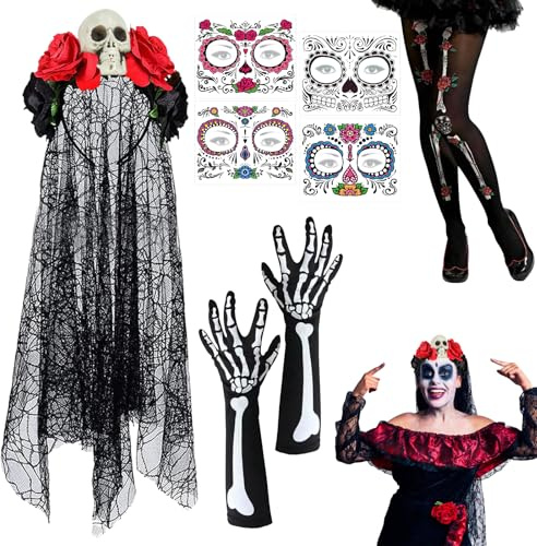 TECHEEL Tag der Toten Haarreif Dia De Los Muertos Haarreif Halloween Horror Haarreifs und Temporäre Gesicht Tattoos,Spitzenhandschuhe,Halskette,Ohrringe für Karneval Halloween Party Cosplay