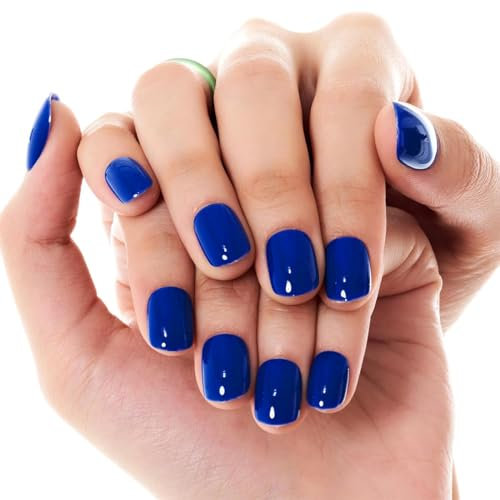 Lot de 24 Français Faux Ongles Court Carré Press on Nails, Ongles Autocollants Adhesif Acrylique Pleine Couverture Faux Ongles Autocollants pour Femmes et Filles (Bleu)