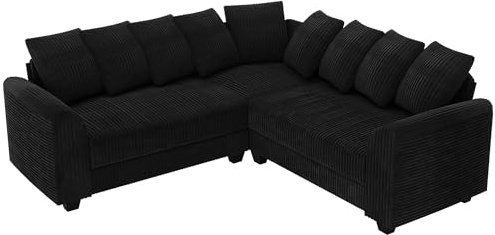 I0I&I0I Modulares Ecksofa in L-Form mit Weichen Kissen, 5-Sitzer Cord-Sofa mit Rücken- und Armlehnen, Wohnlandschaft Modern mit Massivholzrahmen, Kombi-Sofa für Wohnzimmer (Schwarz)