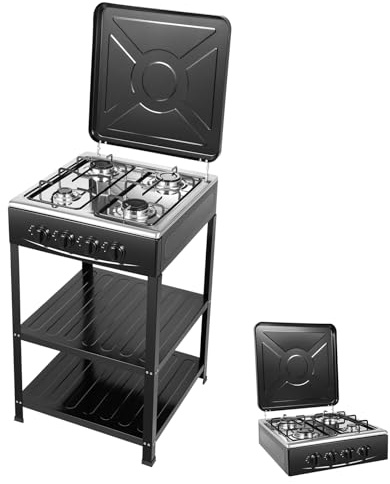 Gasherd 4-Flammen, Tragbarer Gaskocher für NG/LPG mit 2 Einlegeböden und Abdeckung, Campingkocher Freistehender-Campingherd Garten-BBQ-Grillherd, für Wohnmobil, Wohnung, Kochen im Freien (Schwarz)