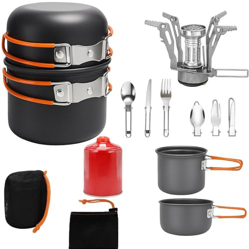 Greenfields Camping Cookware Set with Stove – Lightweight Non-Stick Aluminium Pot, Lid, Foldable Cutlery & Storage Bag for Hiking, Picnics & Outdoor Cooking