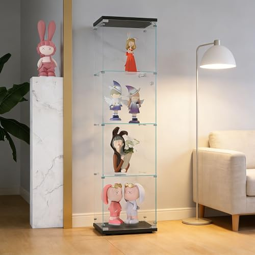 KRYZOR Vitrine aus Glas, stehend, 36 x 42 x 164 cm, Aufbewahrungsschrank aus Glas auf Fuß, 4 Einlegeböden, Vitrine für Sammlung mit 1 Türen und Schloss, für Bar, Küche und Wohnzimmer (schwarz – 4