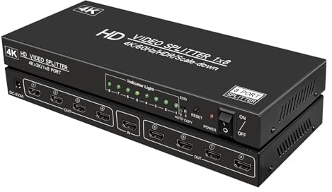 4K @ 60Hz 1x8 HDMI-Splitter, 1 in 8 Ausgang, 4:4:4, 18 Gbit/s, 8 Port Powered HDMI 2.0 Splitter, unterstützt Auto-Down-Skaler, 4K 1080P Sync, HDR10, 3D, nur Duplikation/Spiegel-Bildschirme (nicht