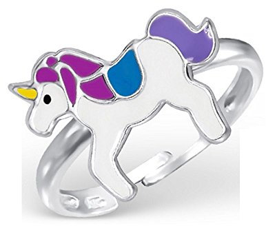 Bungsa Kinder-Ring Einhorn aus Sterling Silber 925 - Süßer Fingerring mit GEFLÜGELTEM Pferd für Kinder - 1 Silberner Ring größenverstellbar - Flexibel - Edler Kinderschmuck mit Pegasus