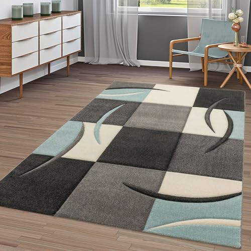 TT Home Moderner Teppich Wohnzimmer Kariert Trendig Pastell Türkis Beige Grau Creme, Größe:60x110 cm