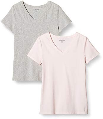 Amazon Essentials Women's Regular-Fit Short-Sleeve V-Neck T-Shirt, Pack of 2, Light Pink/Light Grey Heather, L