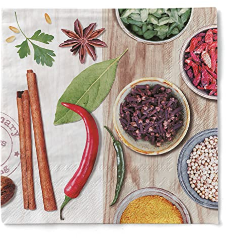 Sovie HOME Serviette SPICY aus 3-lagiges Tissue, 33x33cm, 20 Stück, 1/4 Falz, Design Paprika Chilli Peperoni scharfe Gewürze, Ideal für Grillpartys