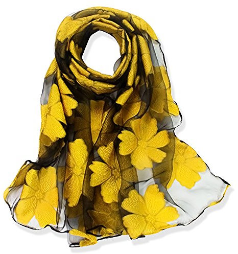YFZYT Organza-Schal für Damen mit Feder Stickerei Muster/Elegantes Accessoire für Frauen/Organza-Schal/Halstuch/Schulter-Tuch/Schal Chiffon Stola Scarves - Gelbe Blume