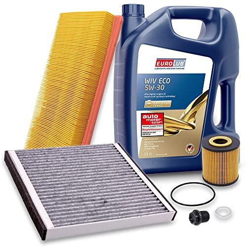 BESTPRICE Inspektionspaket Filterset mit 1x Ölfilter; 1x Luftfilter; 1x Innenraumfilter (Aktivkohle); 1x Ölablassschraube mit Dichtring; 1x Motoröl 5W-30 EUROLUB WIV ECO SAE 5 l