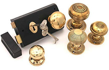 Infinity Decor Old Victorian Style Black Door Rim Lock + Antique Solid Brass Door Knob Set (N) (Cottage Small 40mm)
