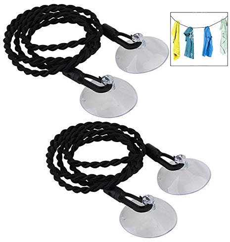 Xrten 2 Stück Wäscheleine, Flexible Camping Outdoor Wäscheleine mit Haken und Saugnapf-Befestigungen, Schwarz