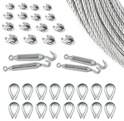 DQ-PP Stahlseil Set 11 | 3mm 6x7 Mittelweich | 50 Meter | Stahl Verzinkt | 16x Kauschen | 4x Spannschloss Haken-Öse M5 | 16x Seilklemmen Bügel | Drahtseil für Rankhilfe Seil Draht Forstseil