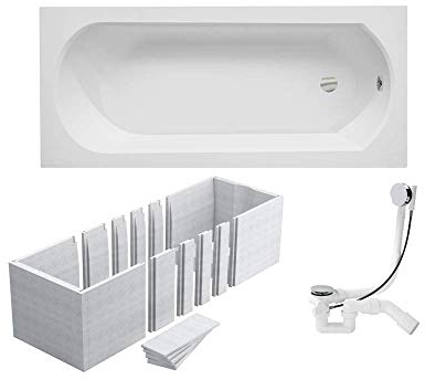 VBChome Badewanne 170x75 cm Acryl SET 3in1 Wannenträger Siphon Wanne Rechteck Weiß Design Modern Styroporträger Ablaufgarnitur in Chrom Viega Simplex