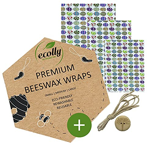 ecolly Involucri di cera d'api - Set di 3 (S, M, L), Salviette di cera d'api, Carta di cera d'api, Premium Beeswax Wraps, Plastica libera e riutilizzabile, senza olio di jojoba - Easter Eggs