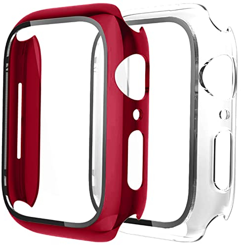 Fengyiyuda 2-Pezzi Cover Rigida Compatibile con Custodia Apple Watch 45mm con Anti-Bubble Vetro Temperato Pellicola Protettiva,360 Protezione Case per IWatch Series 9/8/7,Rosso/Trasparente,45mm