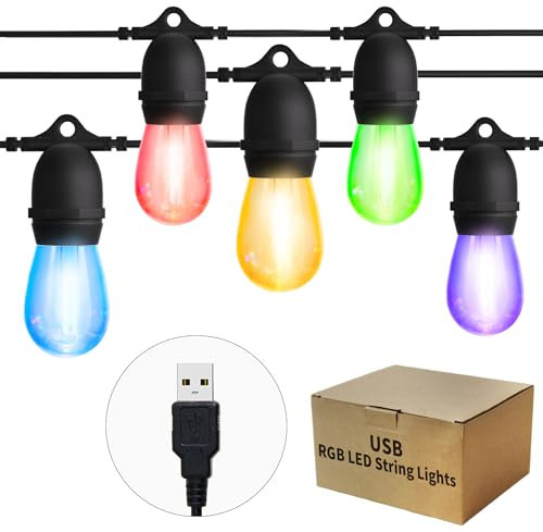 LangPlus+ 24.6FT USB Powered Outdoor String Lights with 10pcs Waterproof Shatterproof S14 LED Bulbs Warm White 2700K Lightweight Dimmable Garden Festoon String Lights for Camping BBQ Christmas Party